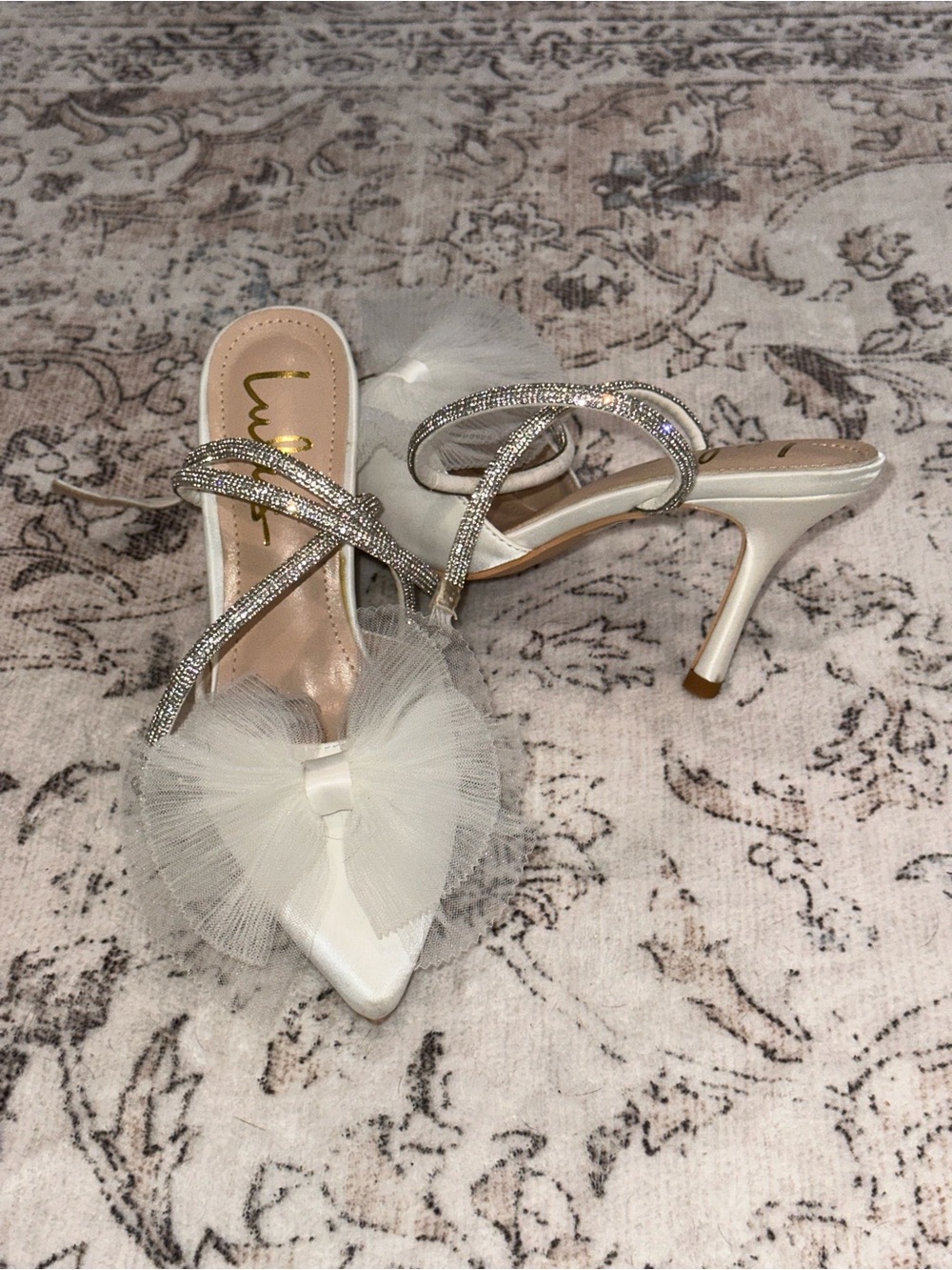 Lulu's White Tulle Bow Stiletto Heels with Crystal Straps